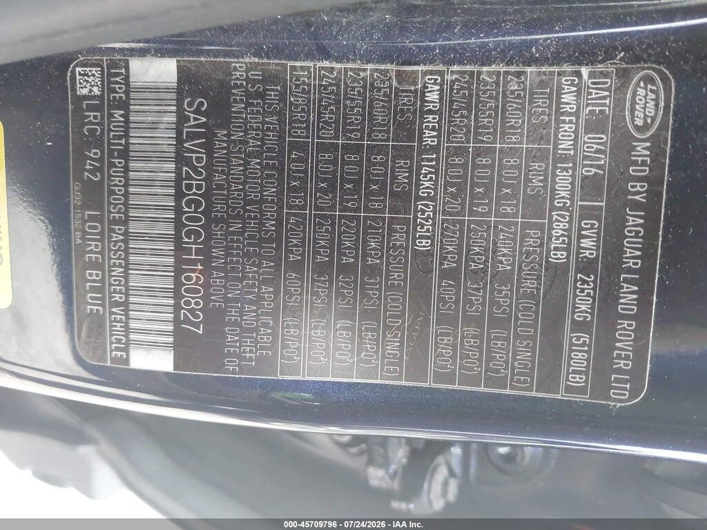 SALVP2BG0GH160827 2016 LAND ROVER RANGE ROVER EVOQUE photo no. 9