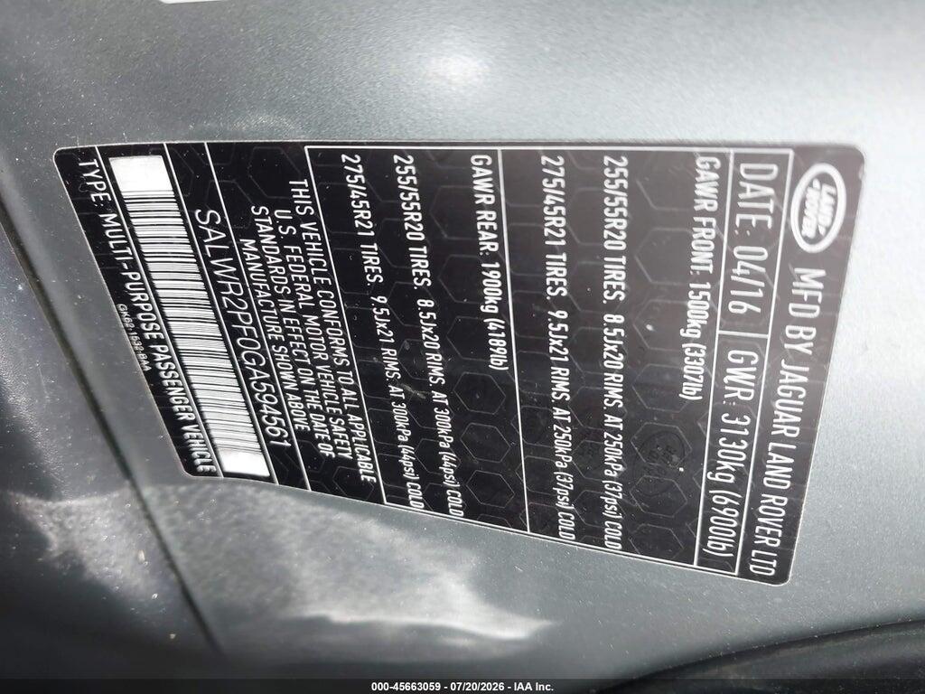 SALWR2PF0GA594561 2016 LAND ROVER RANGE ROVER SPORT photo no. 9