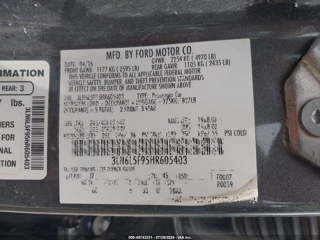 3LN6L5F95HR605403 2017 LINCOLN MKZ photo no. 9