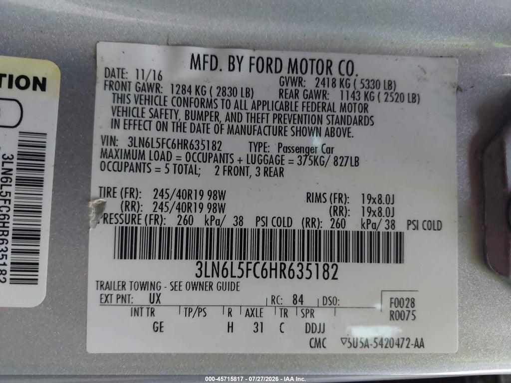 3LN6L5FC6HR635182 2017 LINCOLN MKZ photo no. 9