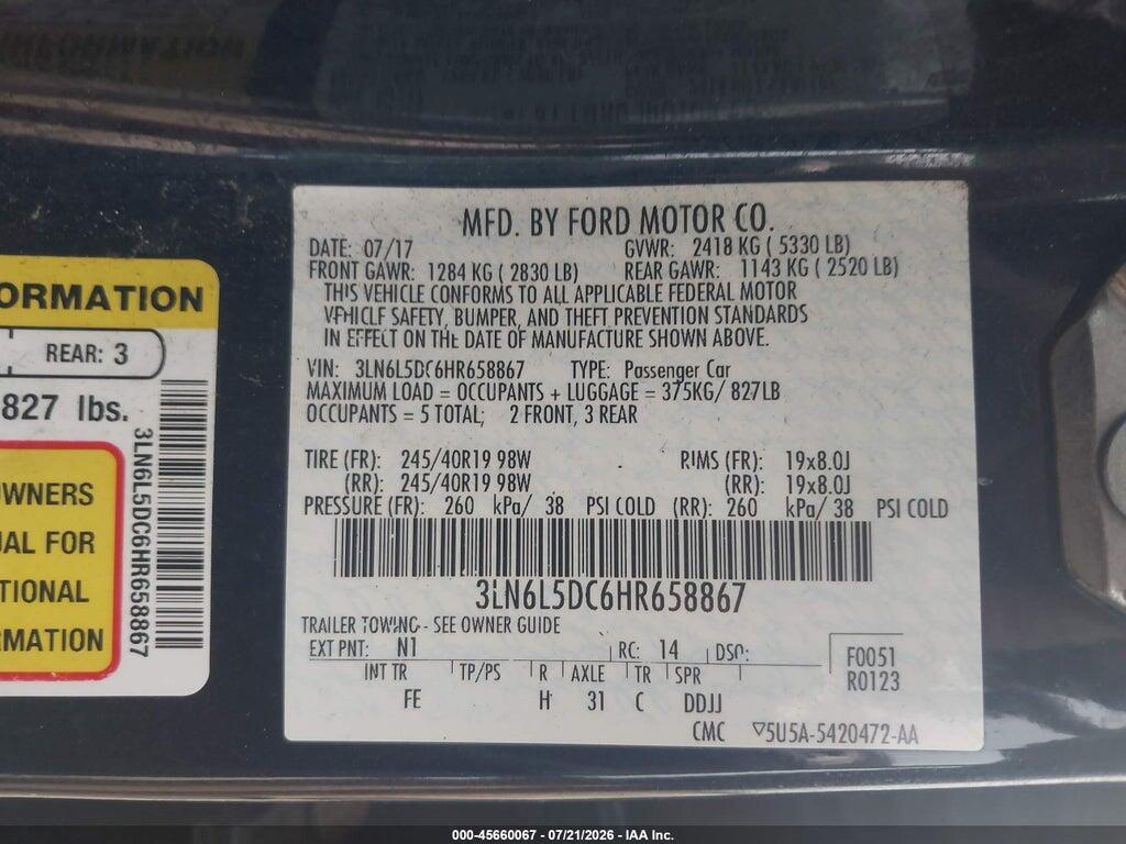3LN6L5DC6HR658867 2017 LINCOLN MKZ photo no. 9