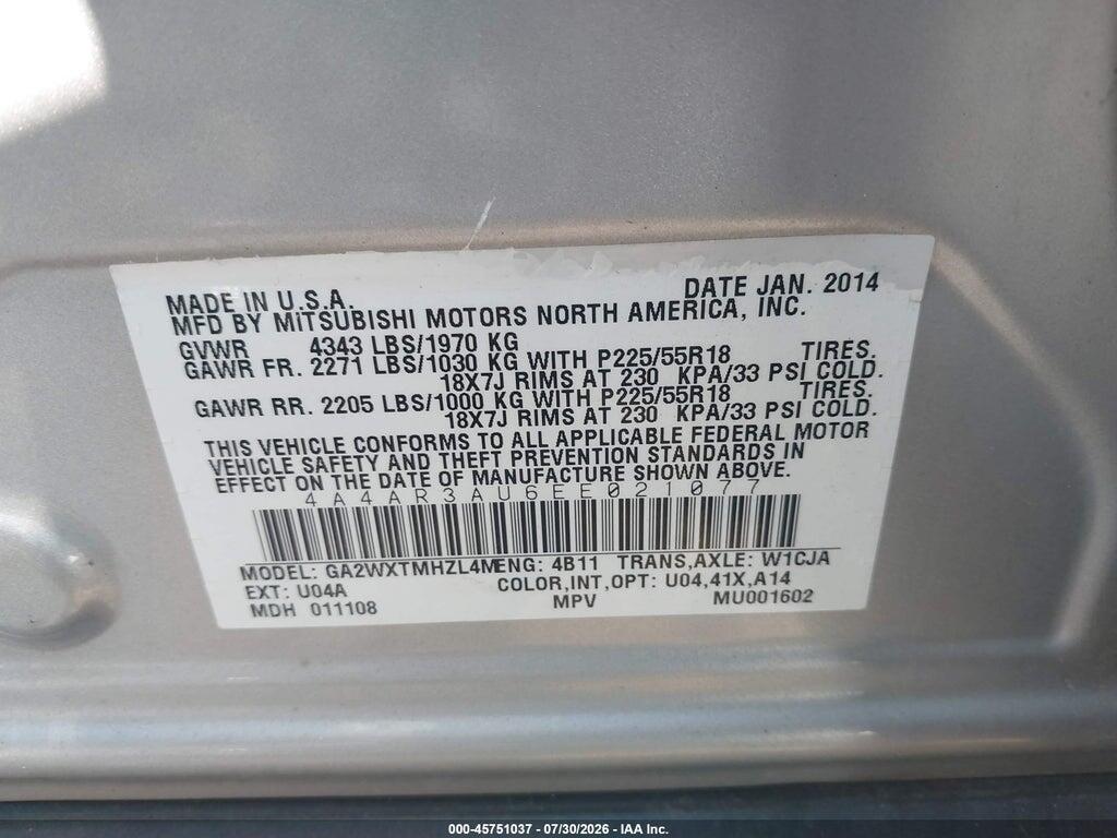 4A4AR3AU6EE021077 2014 MITSUBISHI OUTLANDER SPORT photo no. 9