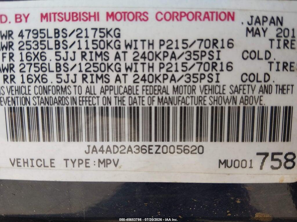 JA4AD2A36EZ005620 2014 MITSUBISHI OUTLANDER photo no. 9