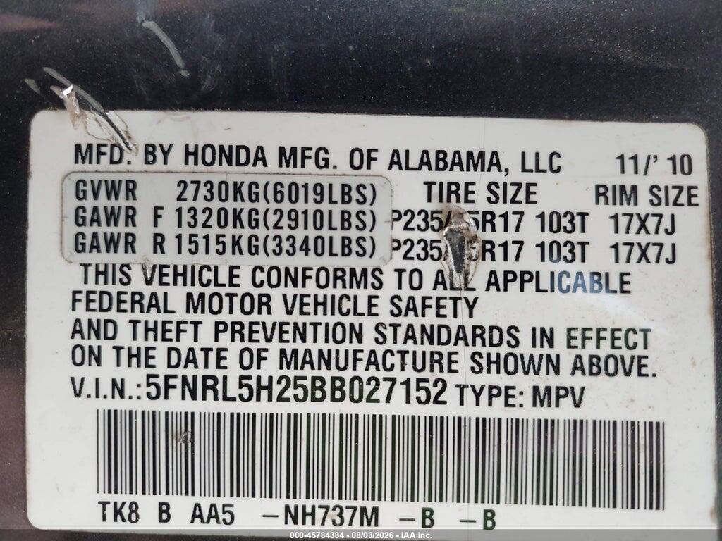 5FNRL5H25BB027152 2011 HONDA ODYSSEY photo no. 9