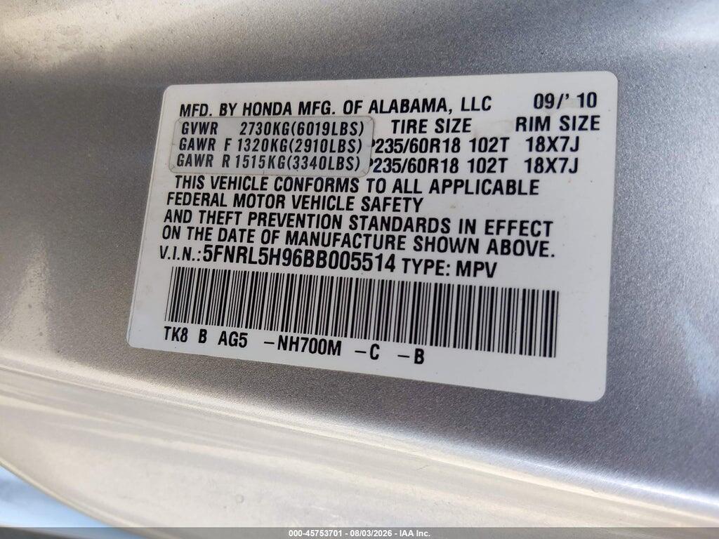 5FNRL5H96BB005514 2011 HONDA ODYSSEY photo no. 9