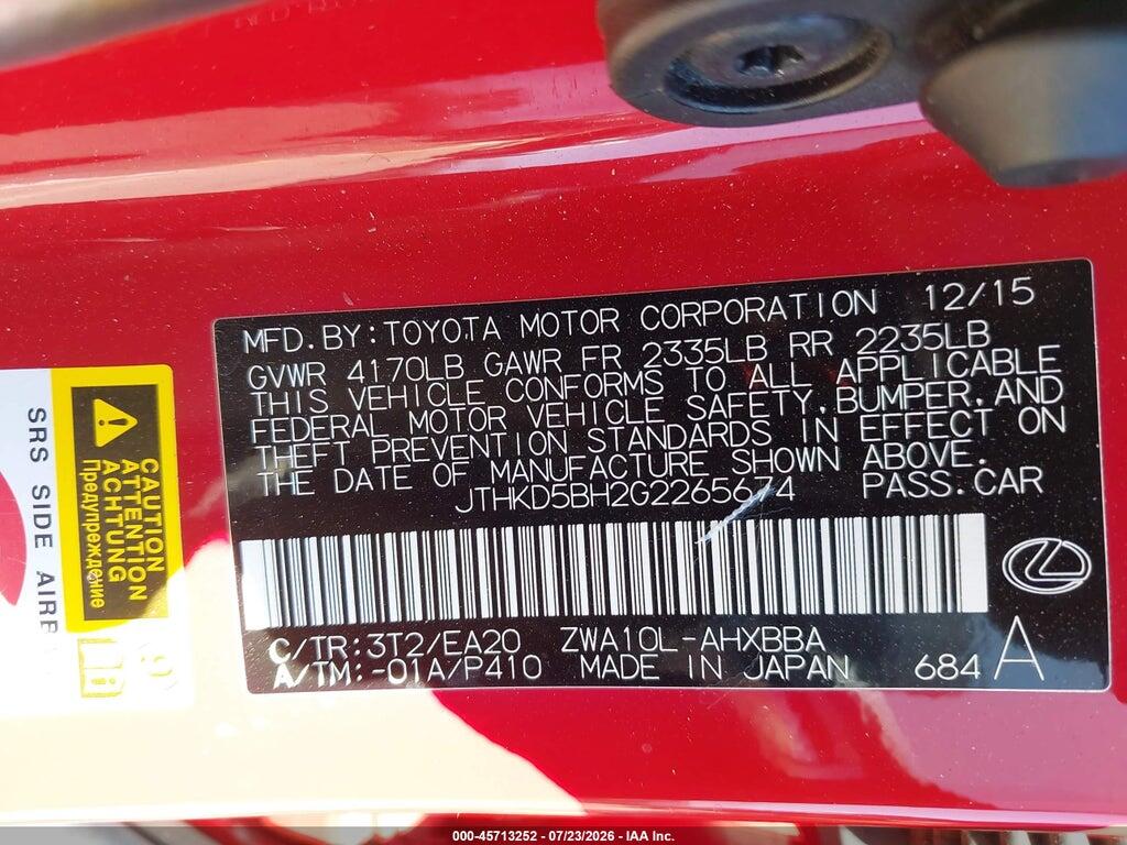 JTHKD5BH2G2265674 2016 LEXUS CT 200H photo no. 9