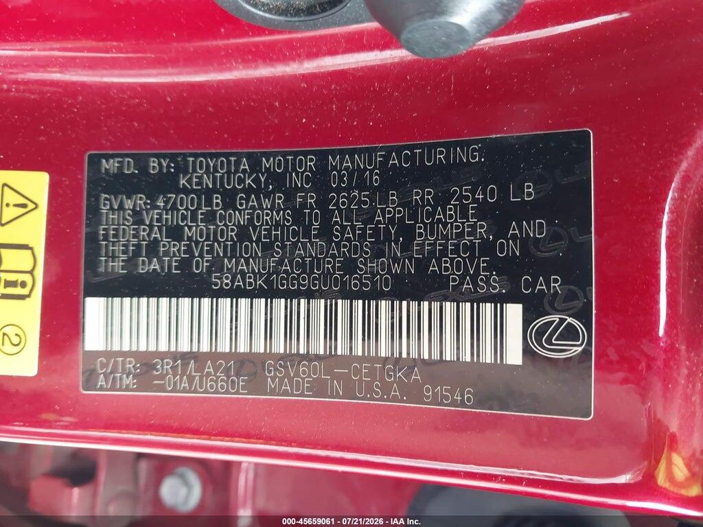 58ABK1GG9GU016510 2016 LEXUS ES 350 photo no. 9