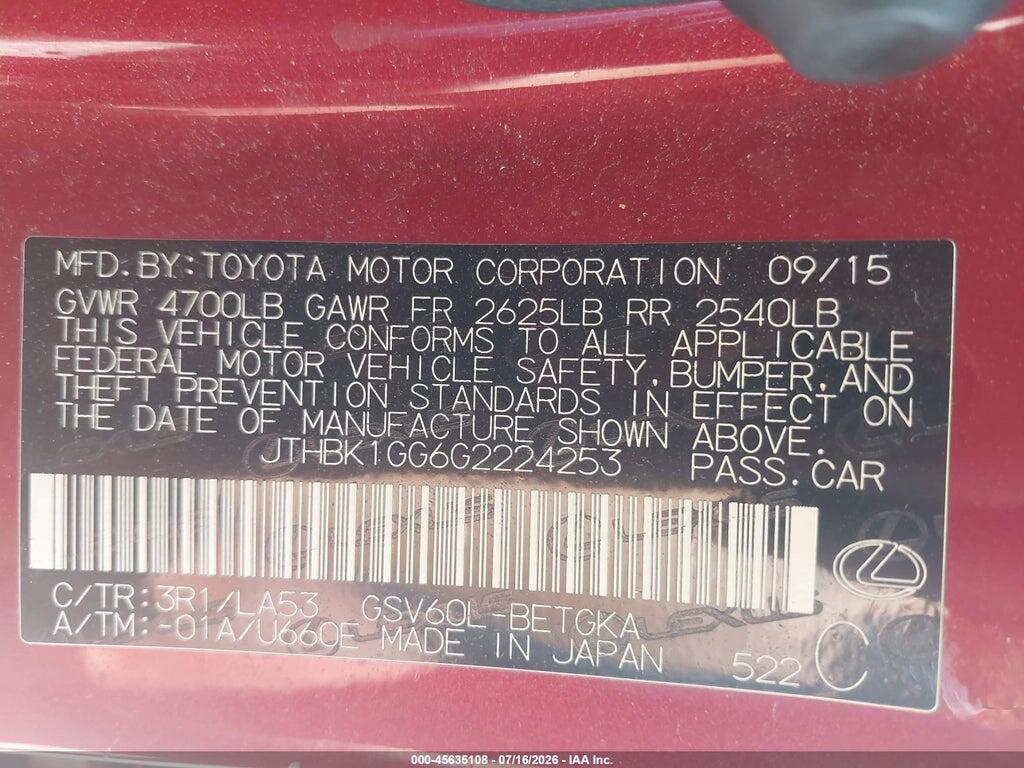 JTHBK1GG6G2224253 2016 LEXUS ES 350 photo no. 9