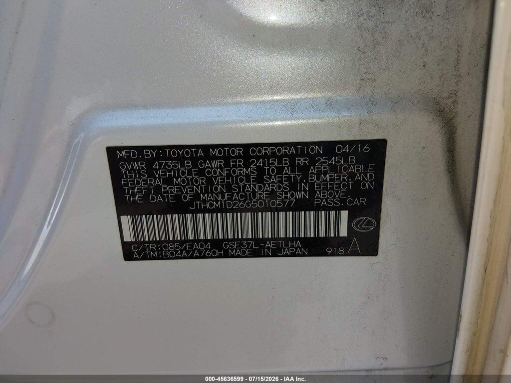 JTHCM1D26G5010577 2016 LEXUS IS 300 photo no. 9
