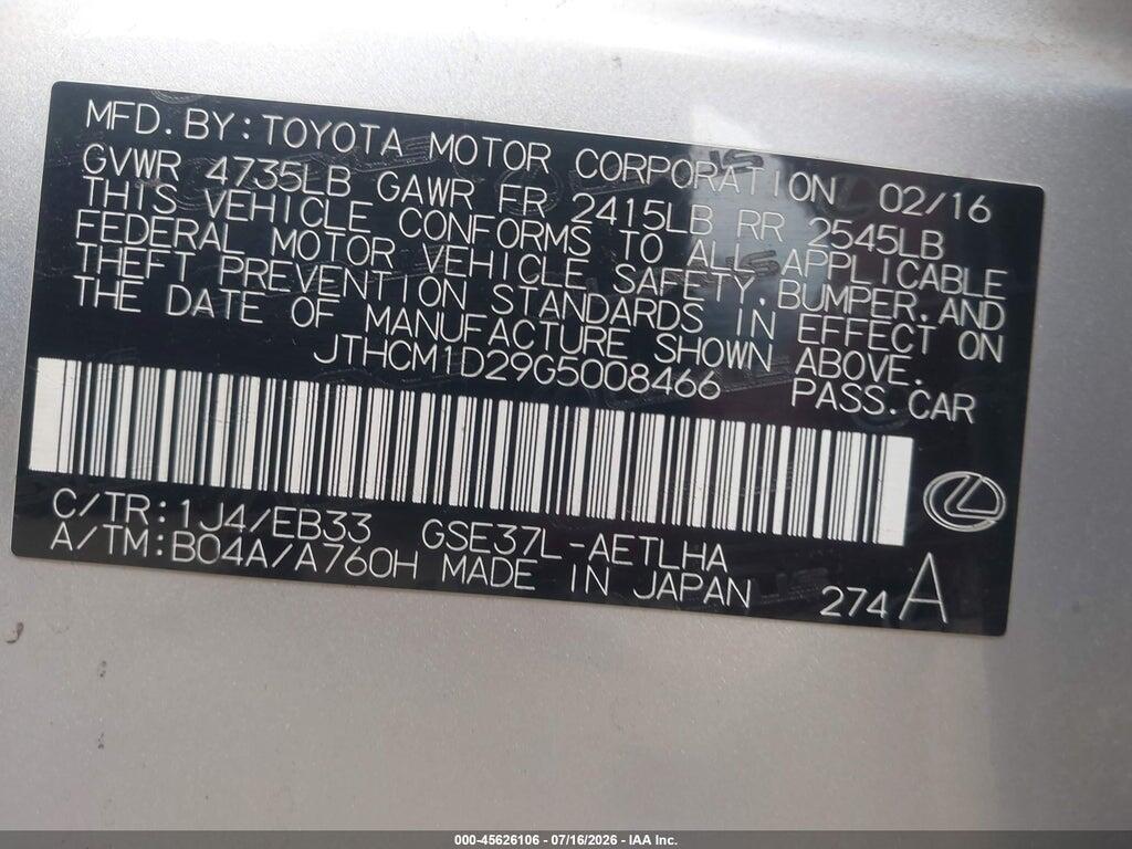 JTHCM1D29G5008466 2016 LEXUS IS 300 photo no. 9