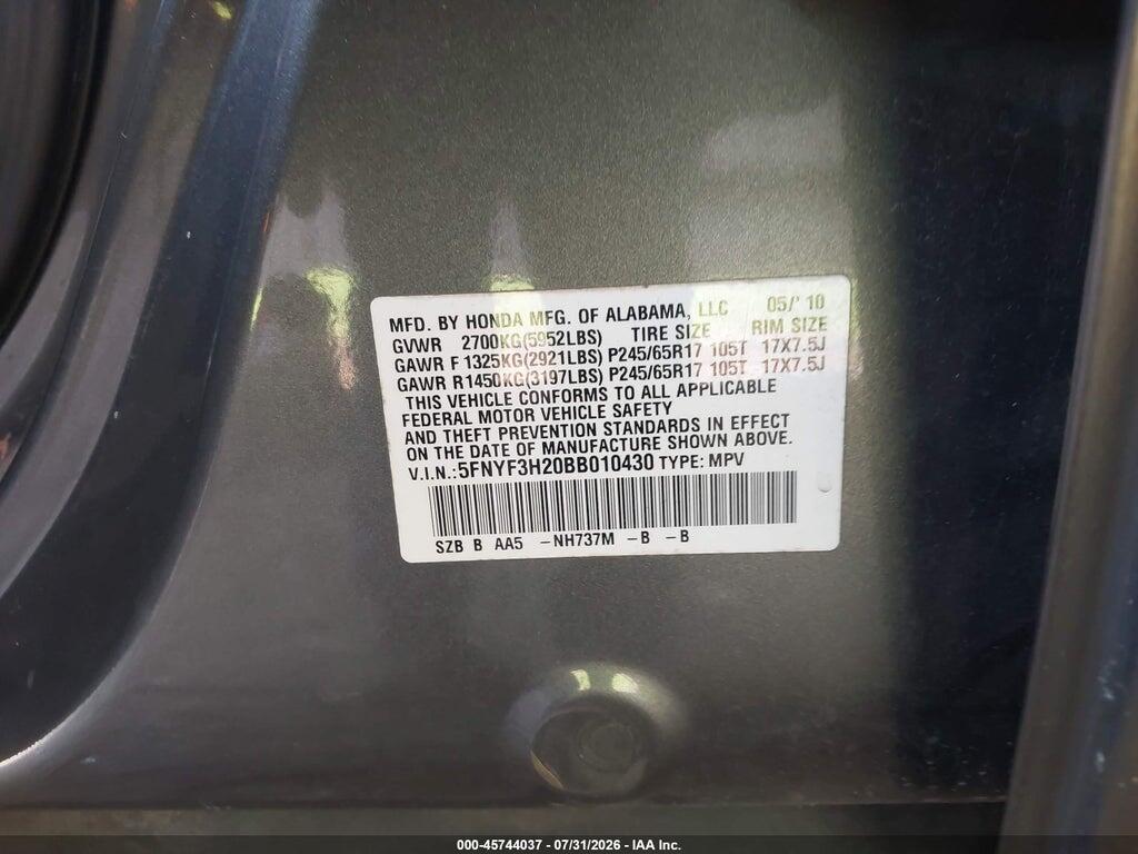 5FNYF3H20BB010430 2011 HONDA PILOT photo no. 9