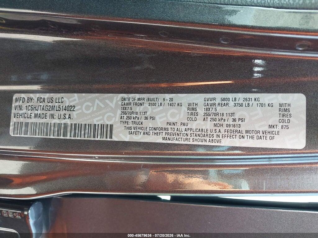 1C6HJTAG2ML514022 2021 JEEP GLADIATOR photo no. 9