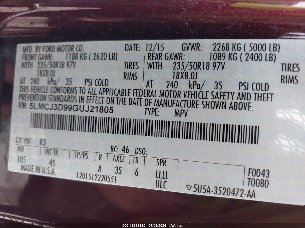 5LMCJ3D99GUJ21805 2016 LINCOLN MKC photo no. 9