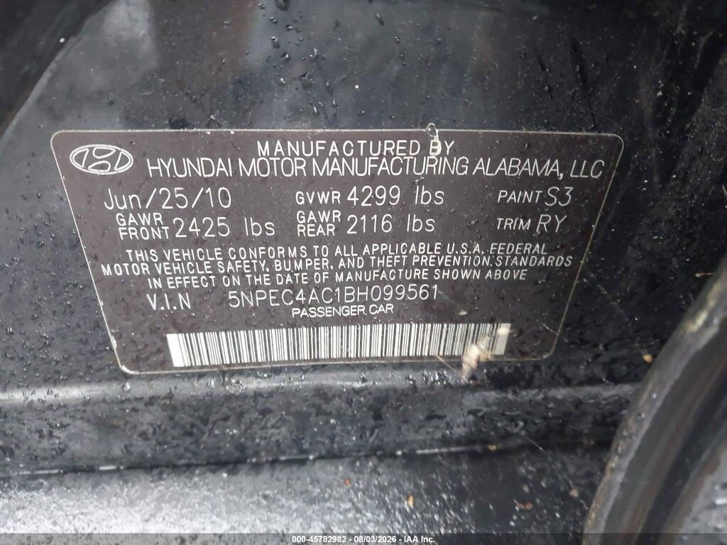 5NPEC4AC1BH099561 2011 HYUNDAI SONATA photo no. 9