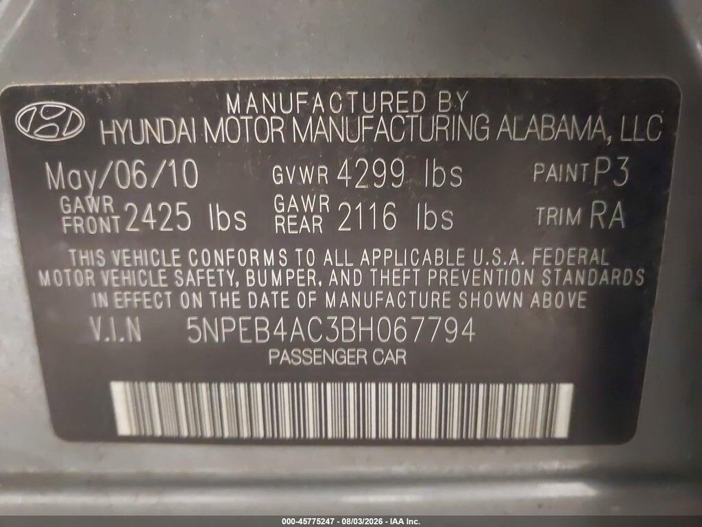 5NPEB4AC3BH067794 2011 HYUNDAI SONATA photo no. 9