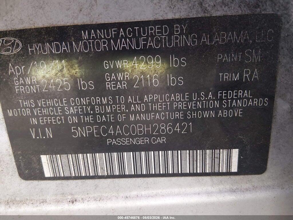 5NPEC4AC0BH286421 2011 HYUNDAI SONATA photo no. 9