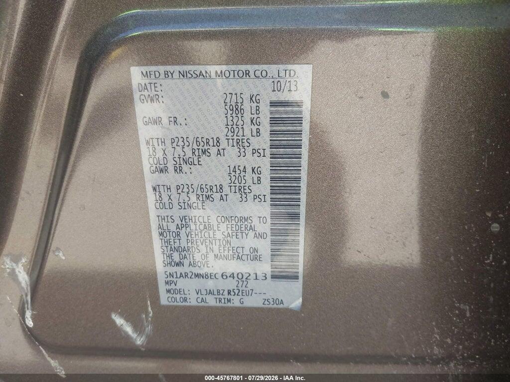 5N1AR2MN8EC640213 2014 NISSAN PATHFINDER photo no. 9