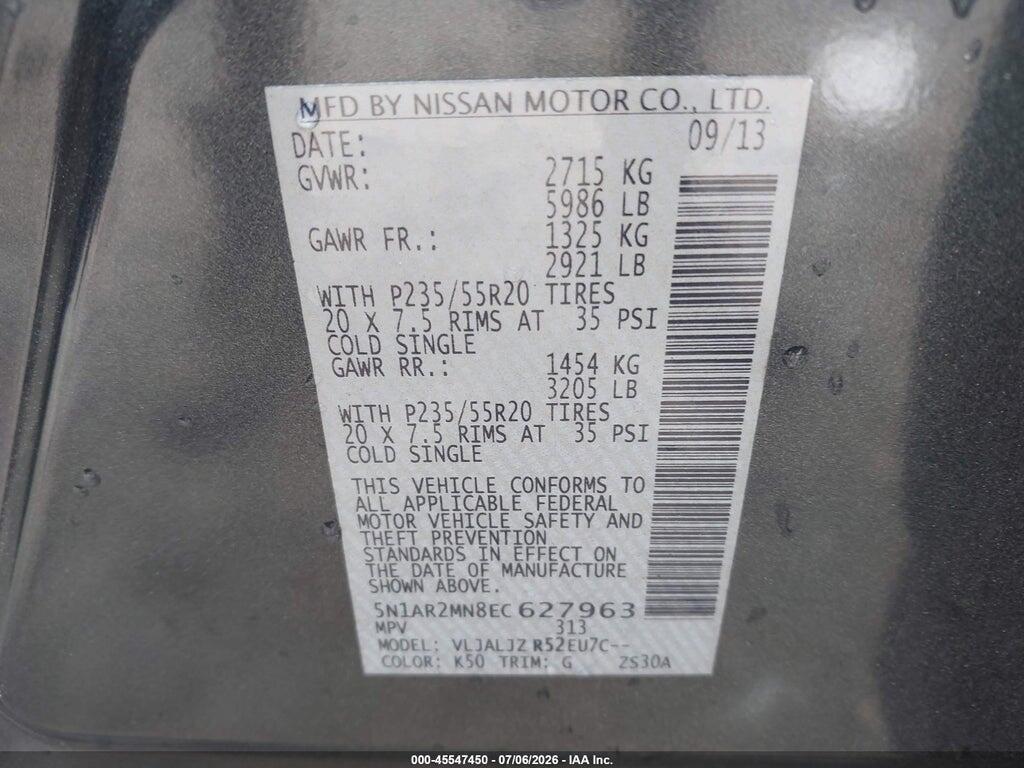 5N1AR2MN8EC627963 2014 NISSAN PATHFINDER photo no. 9