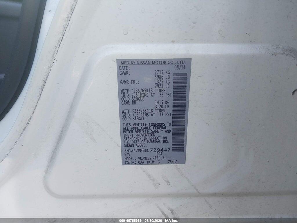 5N1AR2MM8EC729447 2014 NISSAN PATHFINDER photo no. 9
