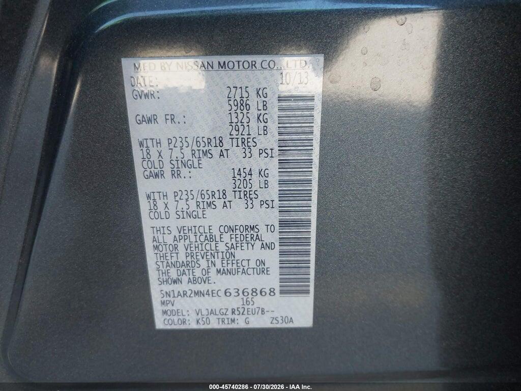 5N1AR2MN4EC636868 2014 NISSAN PATHFINDER photo no. 9
