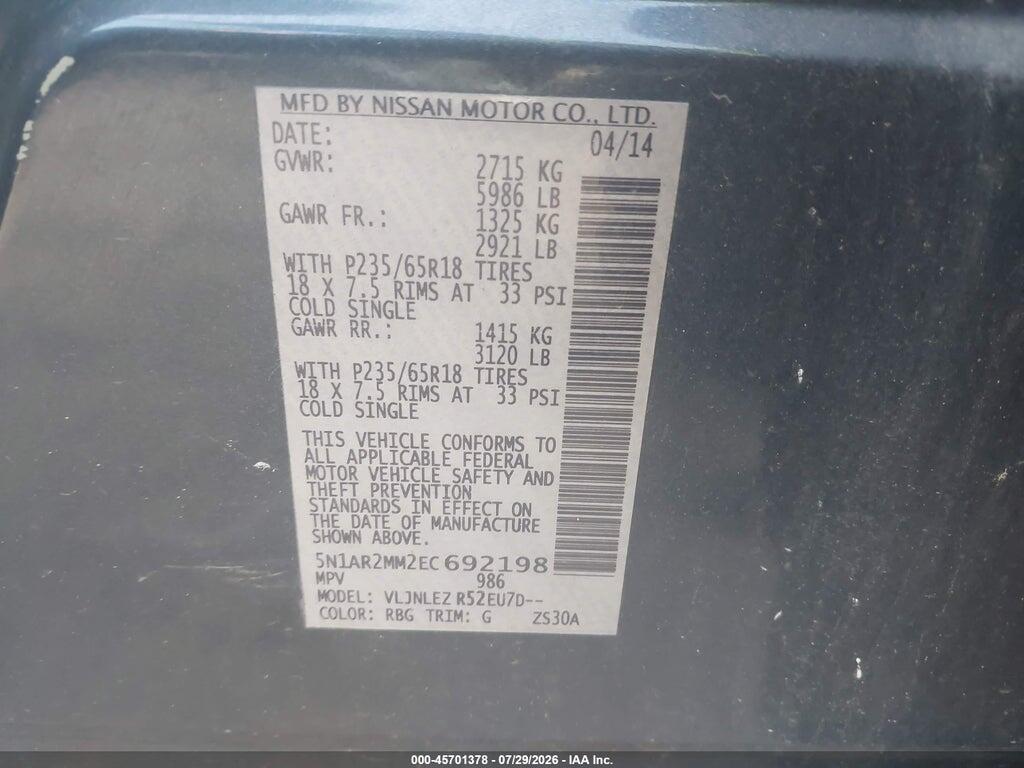 5N1AR2MM2EC692198 2014 NISSAN PATHFINDER photo no. 9