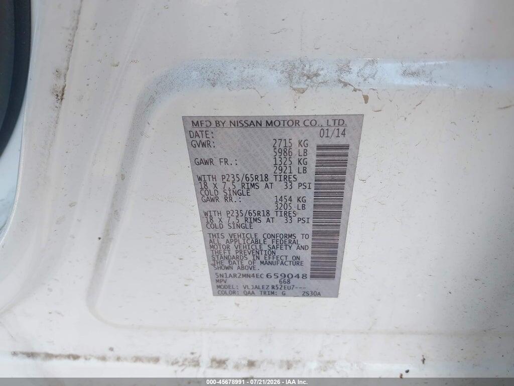 5N1AR2MN4EC659048 2014 NISSAN PATHFINDER photo no. 9