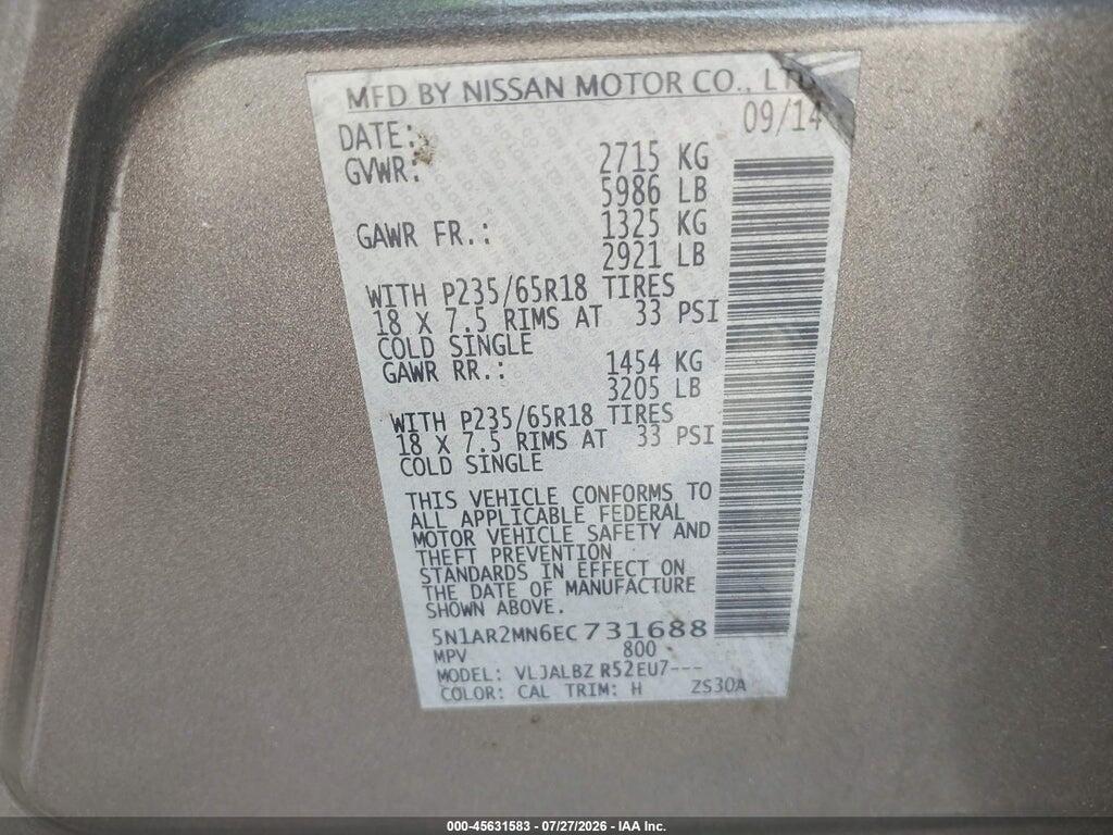 5N1AR2MN6EC731688 2014 NISSAN PATHFINDER photo no. 9