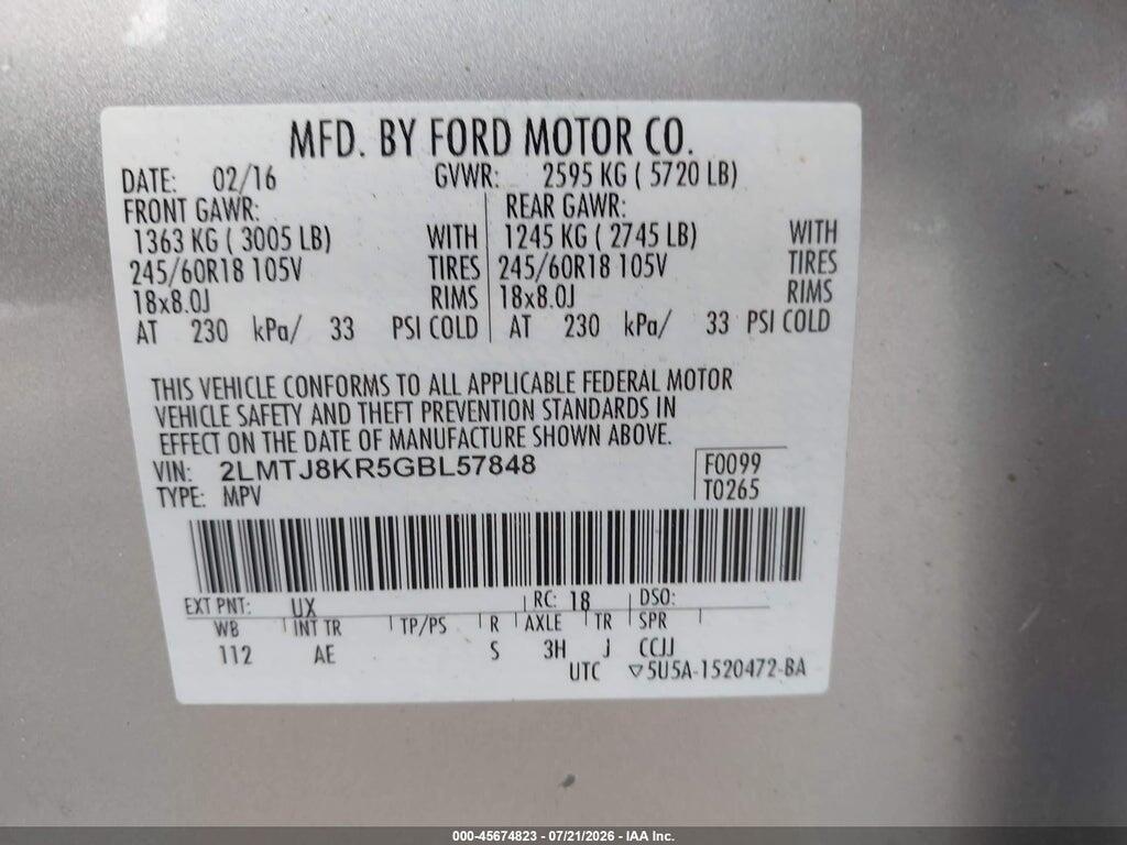 2LMTJ8KR5GBL57848 2016 LINCOLN MKX photo no. 9