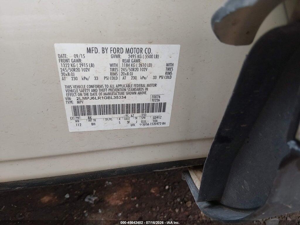 2LMPJ6LR1GBL35334 2016 LINCOLN MKX photo no. 9