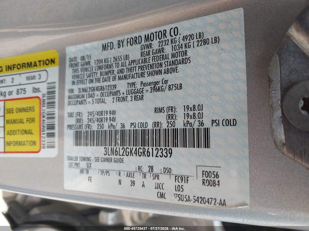 3LN6L2GK4GR612339 2016 LINCOLN MKZ photo no. 9