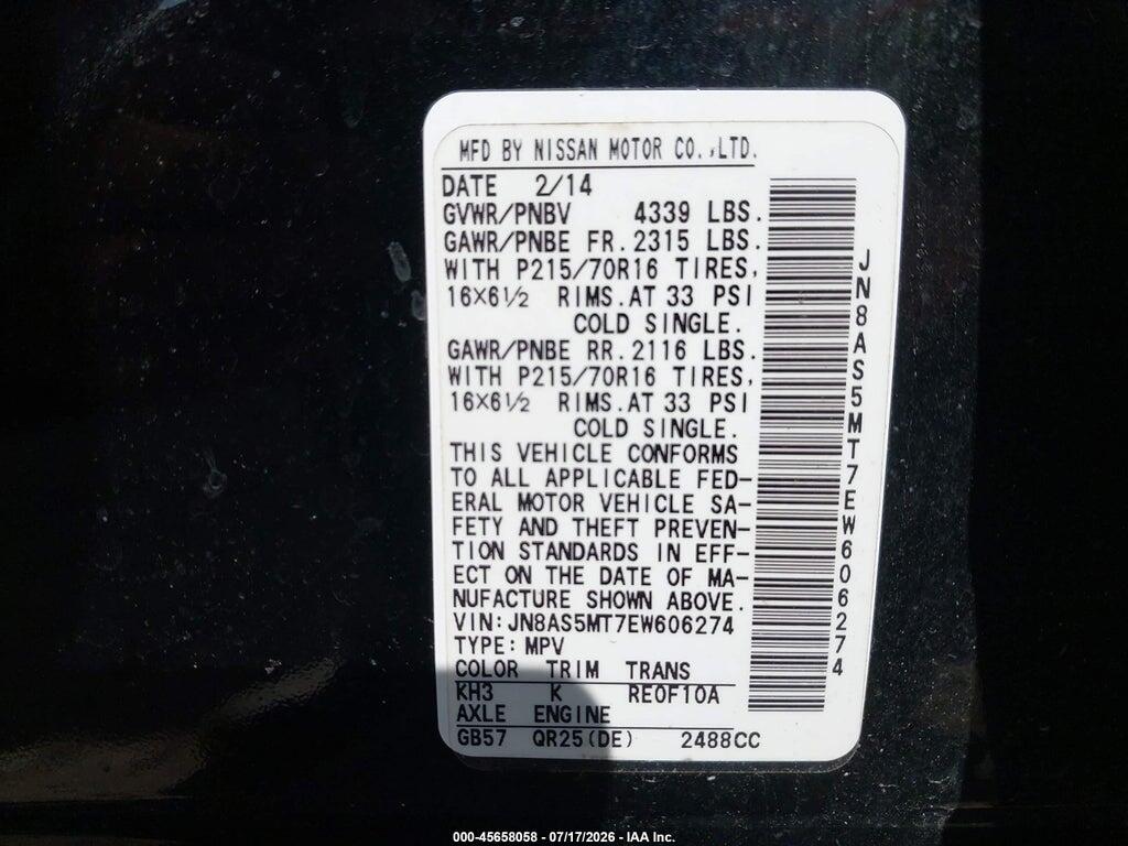 JN8AS5MT7EW606274 2014 NISSAN ROGUE SELECT photo no. 9