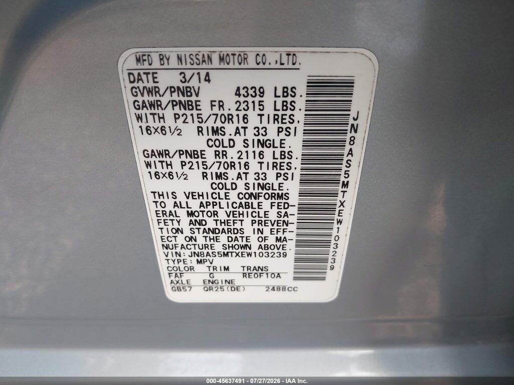 JN8AS5MTXEW103239 2014 NISSAN ROGUE SELECT photo no. 9