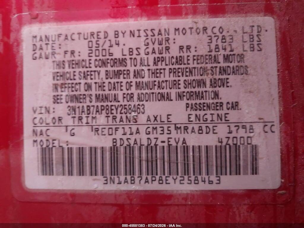 3N1AB7AP8EY258463 2014 NISSAN SENTRA photo no. 9