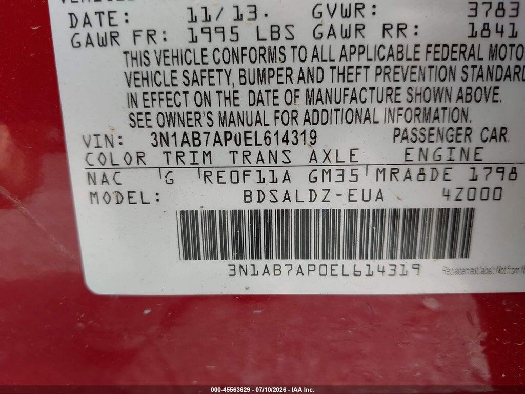3N1AB7AP0EL614319 2014 NISSAN SENTRA photo no. 9