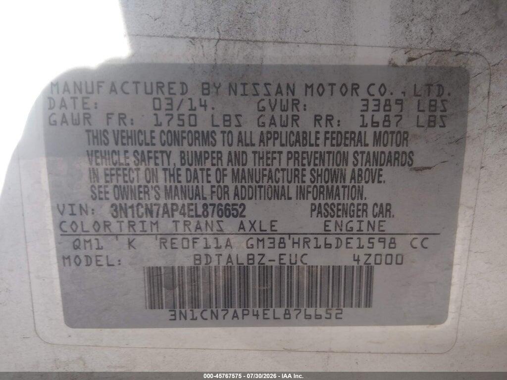 3N1CN7AP4EL876652 2014 NISSAN VERSA photo no. 9