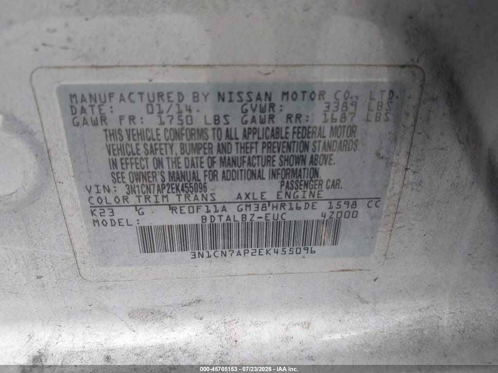 3N1CN7AP2EK455096 2014 NISSAN VERSA photo no. 9