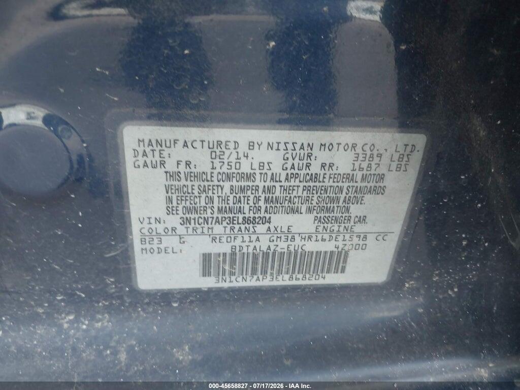 3N1CN7AP3EL868204 2014 NISSAN VERSA photo no. 9