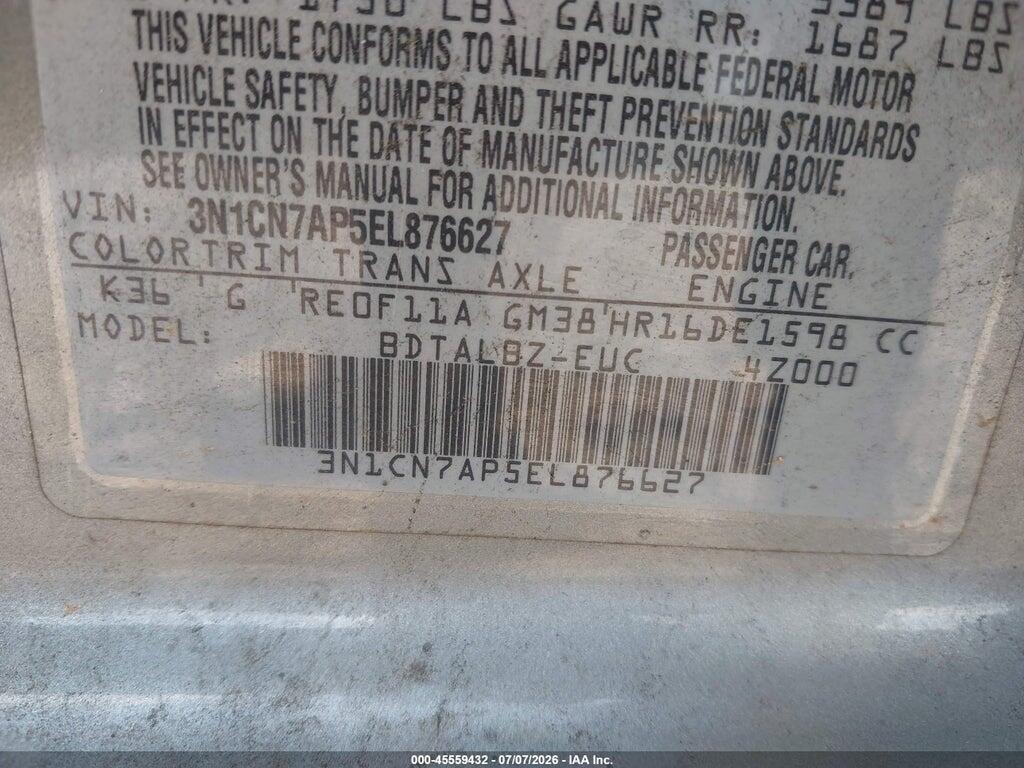 3N1CN7AP5EL876627 2014 NISSAN VERSA photo no. 9