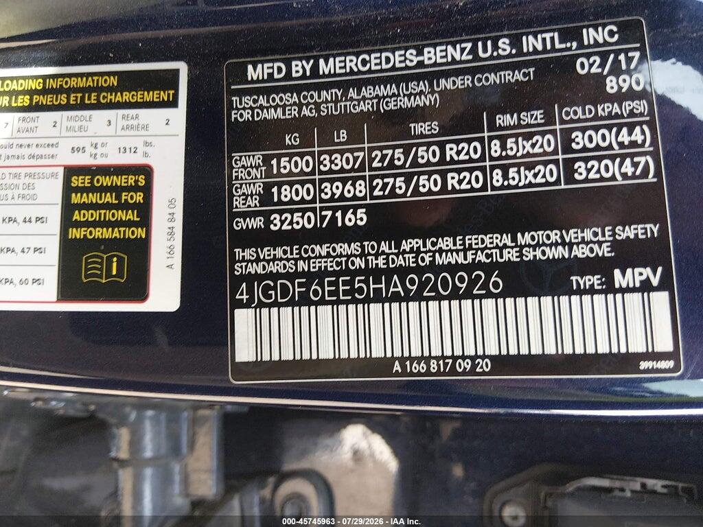 4JGDF6EE5HA920926 2017 MERCEDES-BENZ GLS 450 photo no. 9
