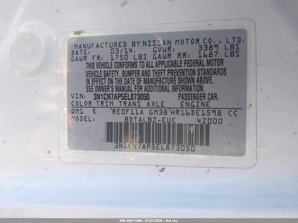 3N1CN7AP5EL873050 2014 NISSAN VERSA photo no. 9