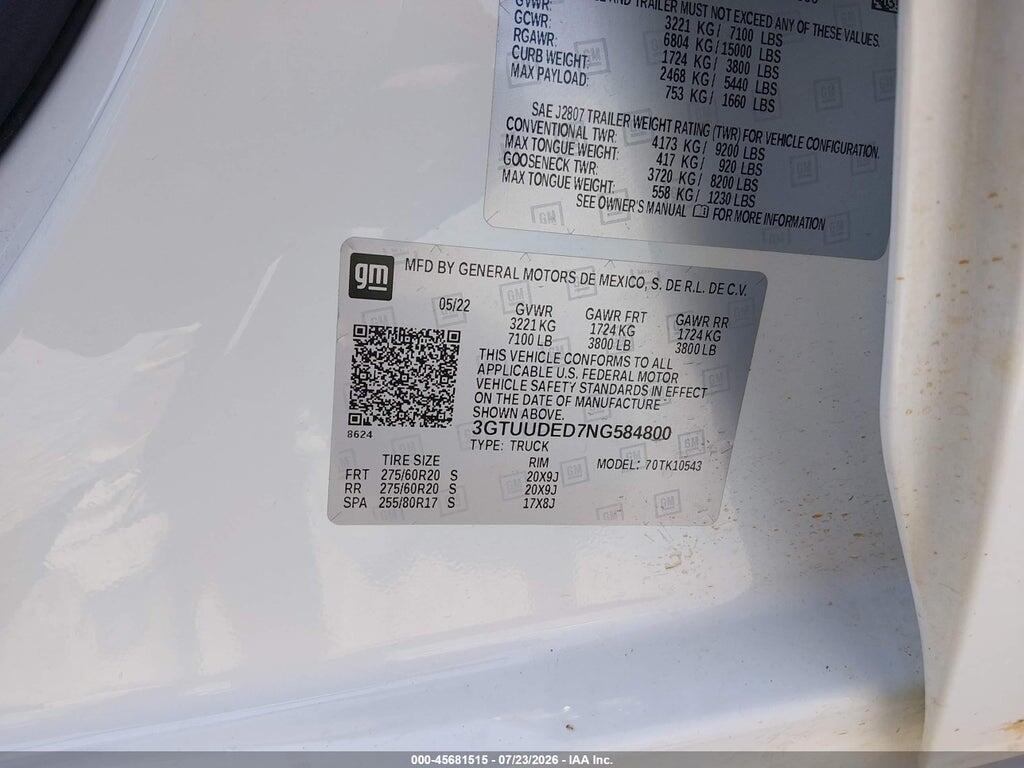 3GTUUDED7NG584800 2022 GMC SIERRA 1500 photo no. 9
