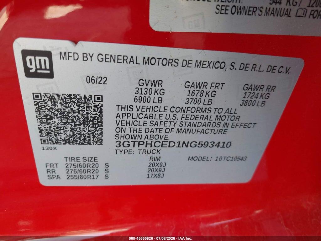 3GTPHCED1NG593410 2022 GMC SIERRA 1500 photo no. 9