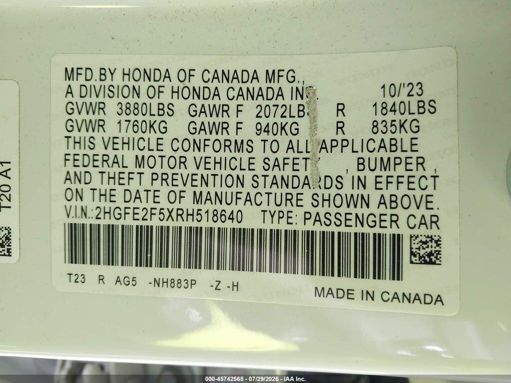 2HGFE2F5XRH518640 2024 HONDA CIVIC photo no. 9