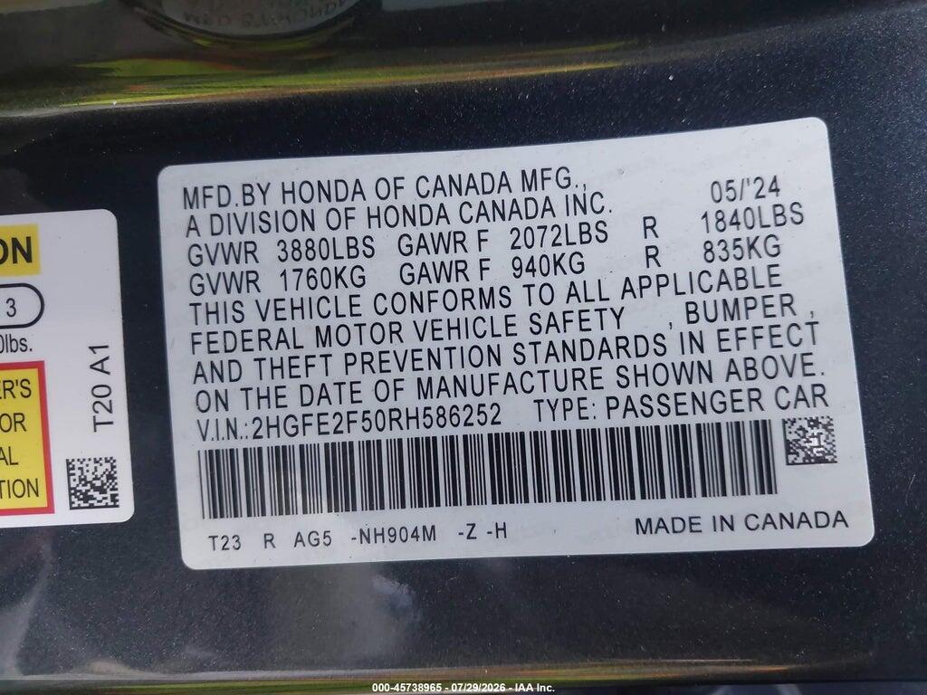 2HGFE2F50RH586252 2024 HONDA CIVIC photo no. 9