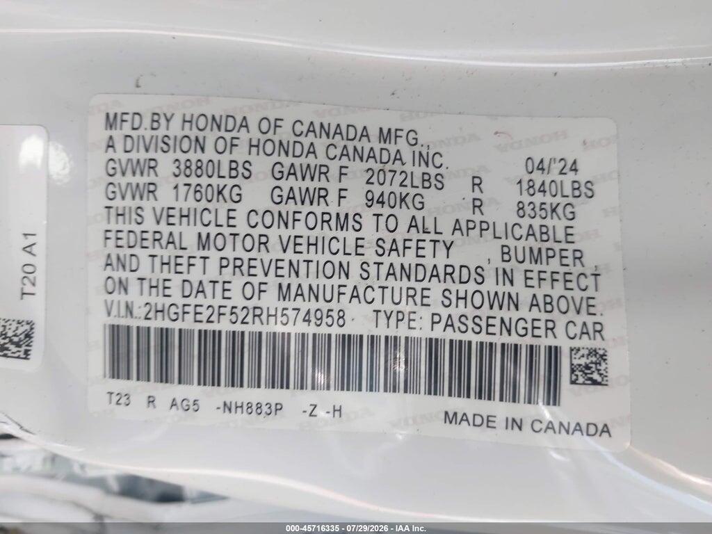 2HGFE2F52RH574958 2024 HONDA CIVIC photo no. 9
