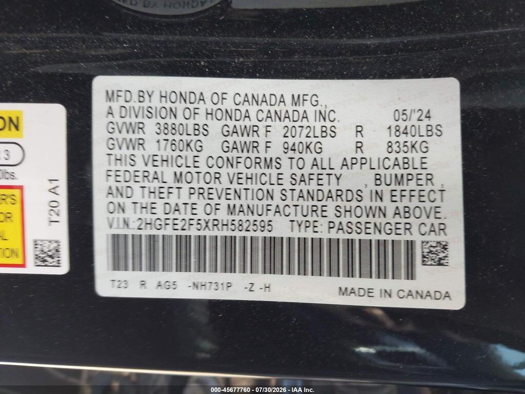 2HGFE2F5XRH582595 2024 HONDA CIVIC photo no. 9