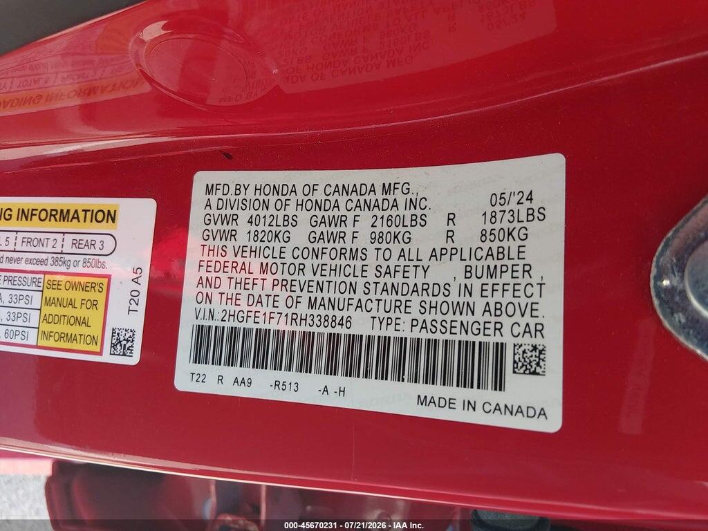 2HGFE1F71RH338846 2024 HONDA CIVIC photo no. 9