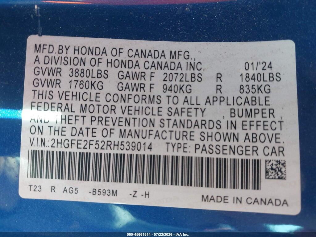 2HGFE2F52RH539014 2024 HONDA CIVIC photo no. 9
