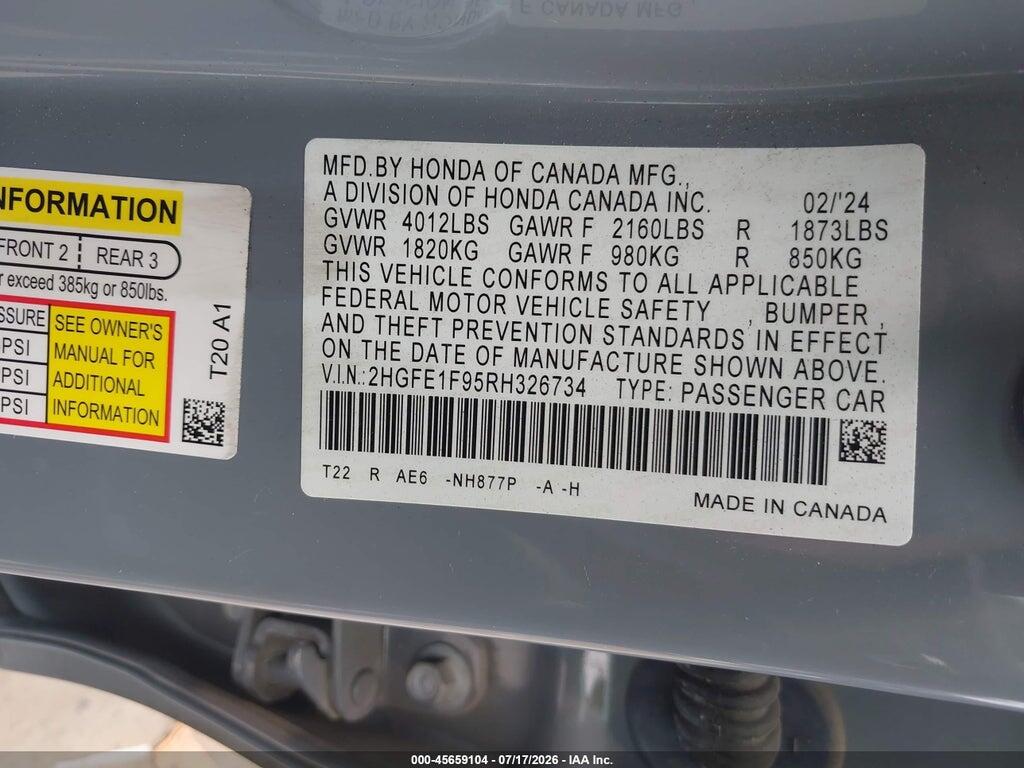 2HGFE1F95RH326734 2024 HONDA CIVIC photo no. 9