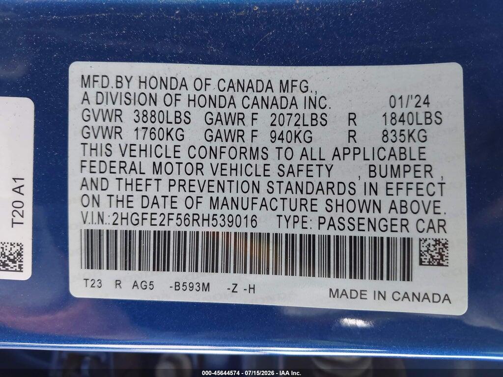 2HGFE2F56RH539016 2024 HONDA CIVIC photo no. 9